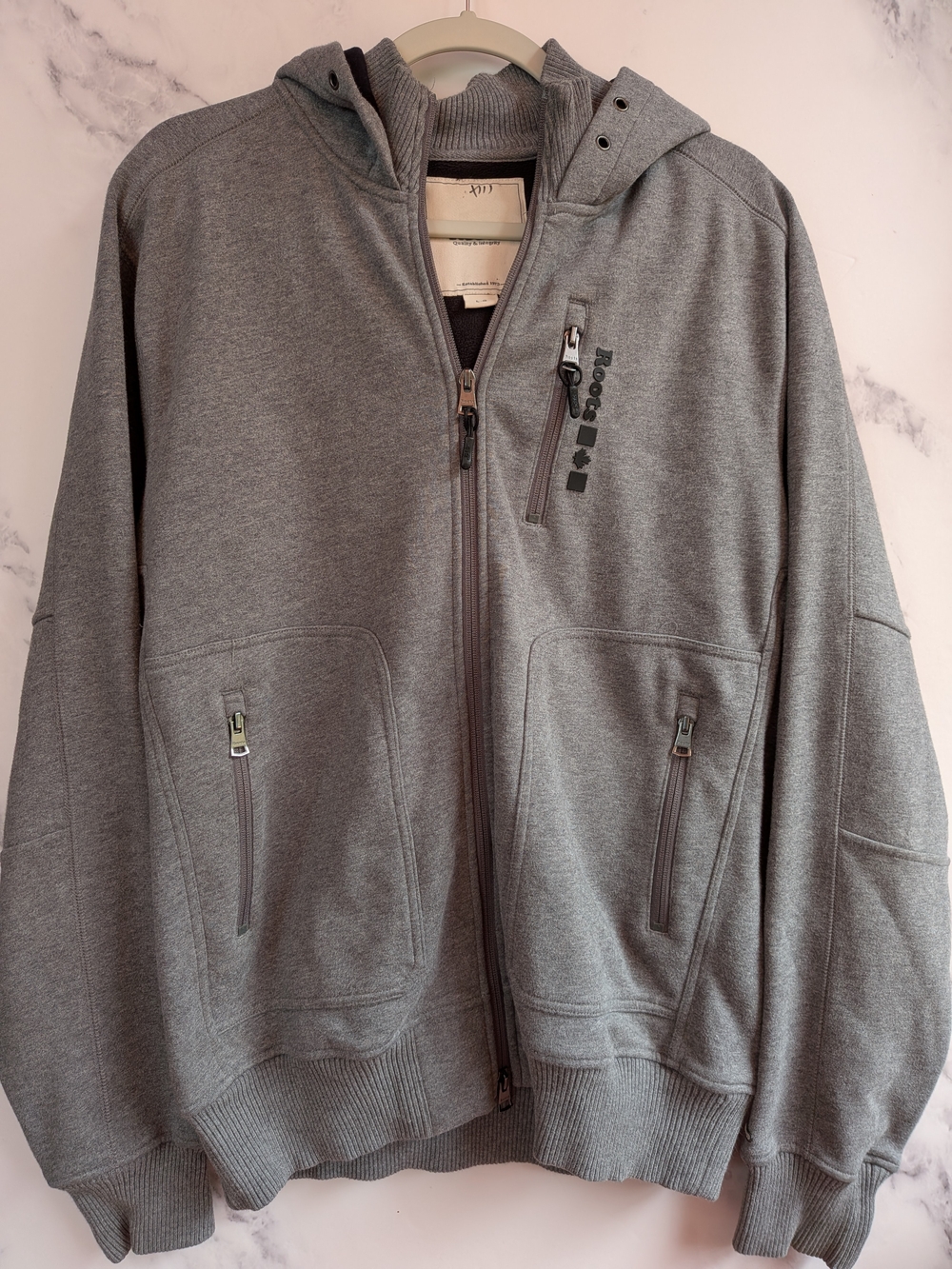 Roots Men’s L Gray Full Zip Hoodie Utility Zip Pockets Athleisure Streetwear
